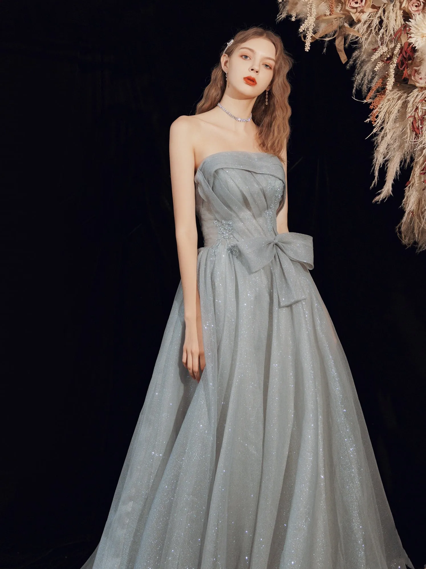 Glitter Strapless Gray Long Prom Dress