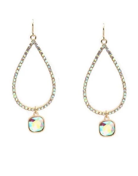 Gold AB Bling Thin Teardrop Outline Earrings with Rhinestone charm