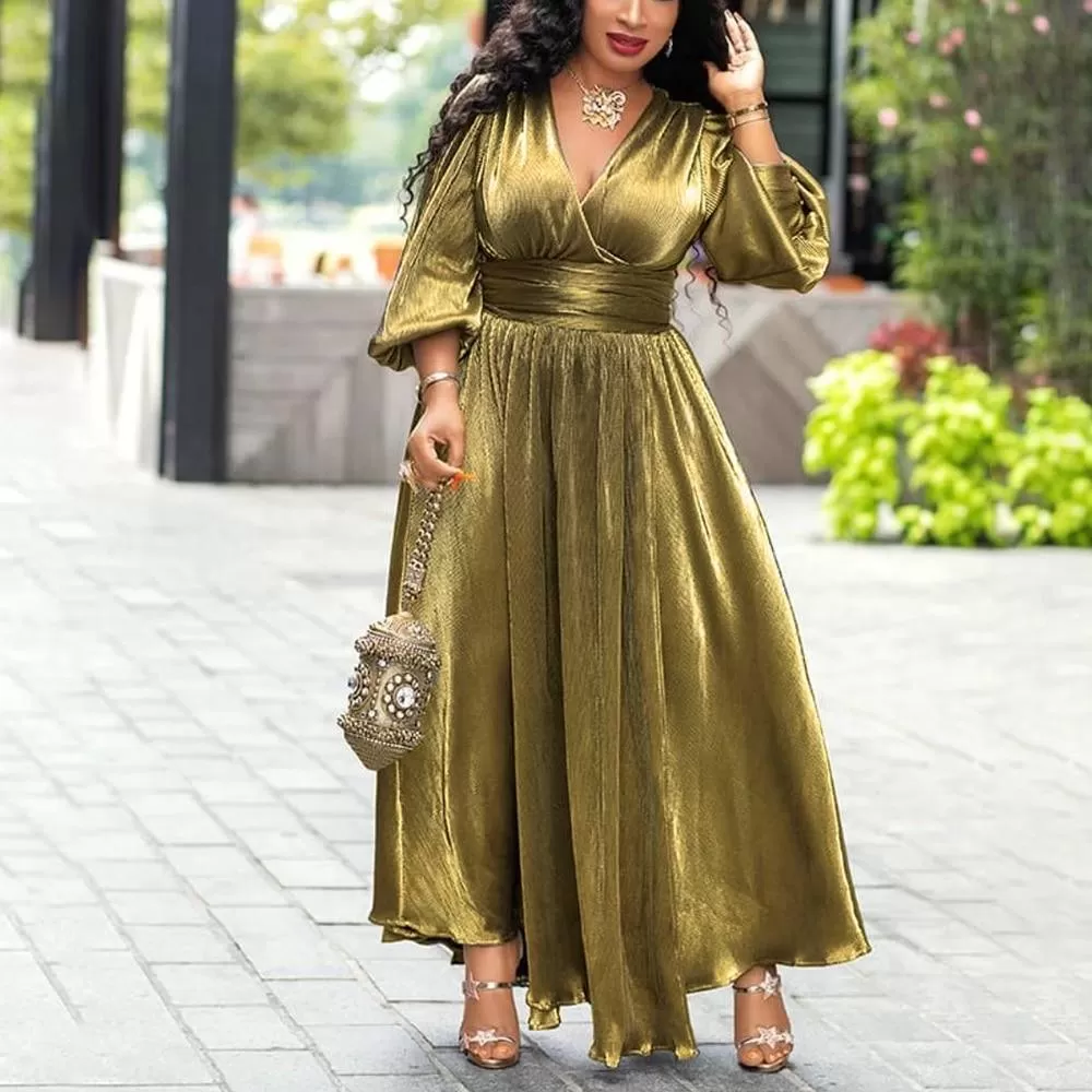 Golden Glitter Lantern Sleeve Maxi Dress