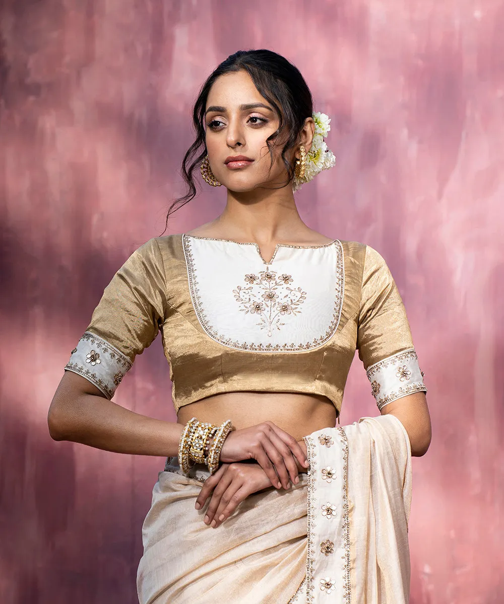 Golden Hand Embroidered Tissue And Chanderi Silk Blouse With Gota Patti