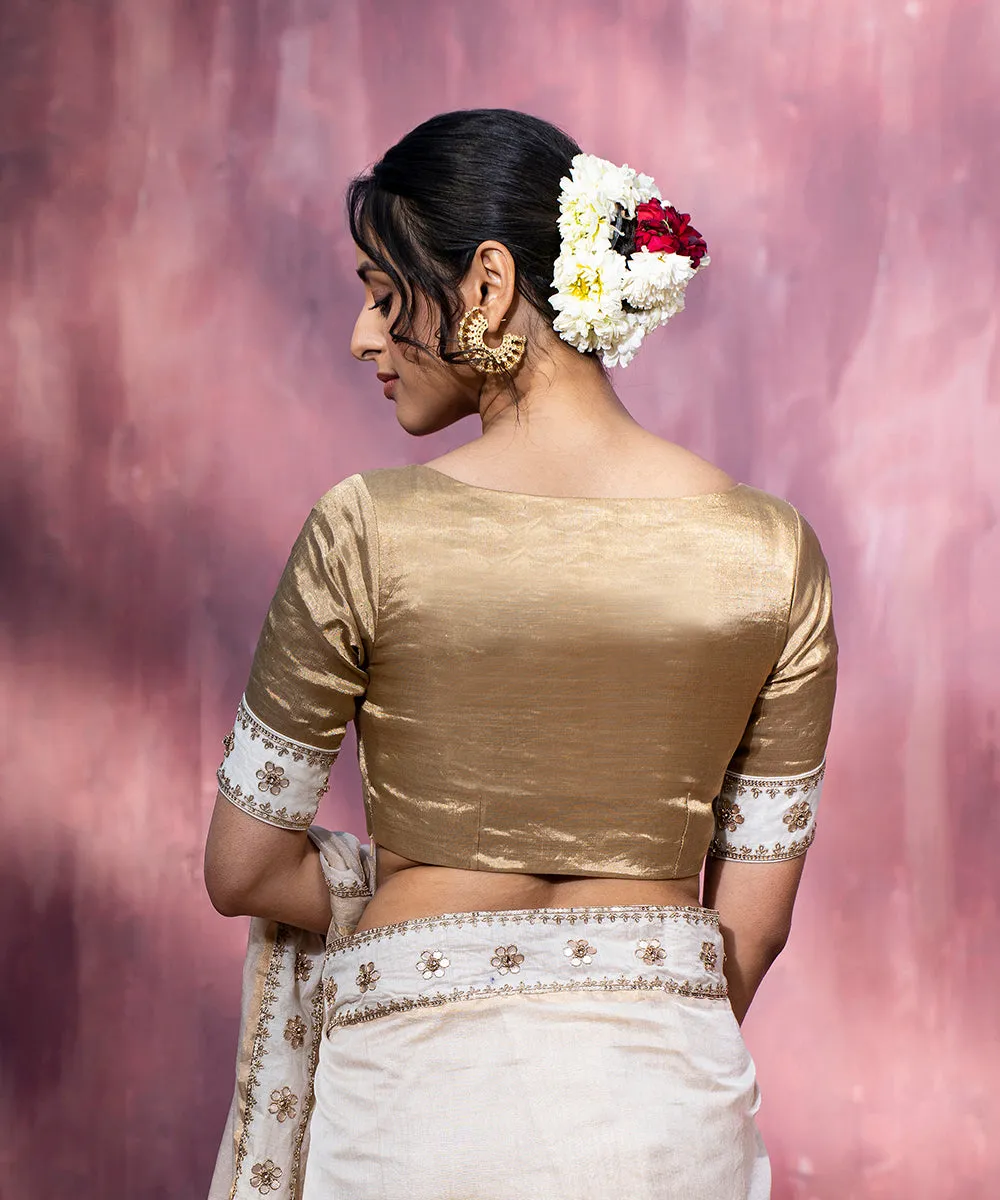 Golden Hand Embroidered Tissue And Chanderi Silk Blouse With Gota Patti