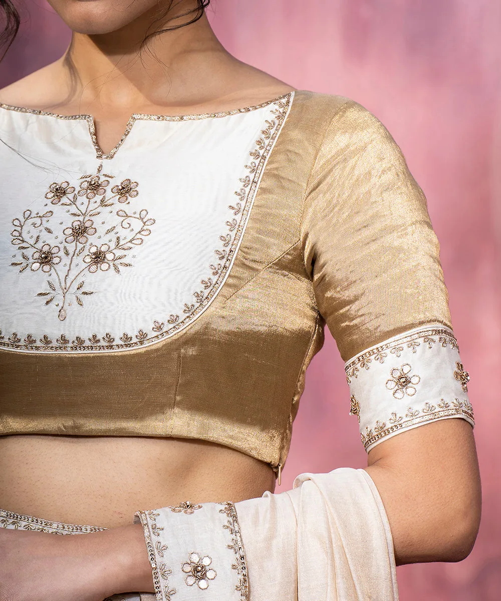 Golden Hand Embroidered Tissue And Chanderi Silk Blouse With Gota Patti