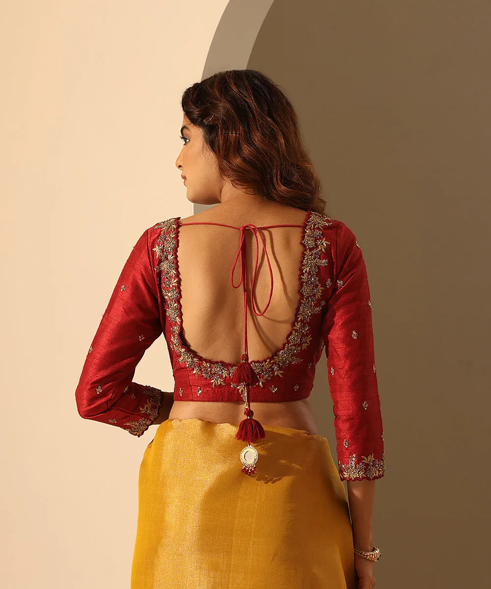 Hand Embroidered Maroon Raw Silk Blouse With Full Sleeves