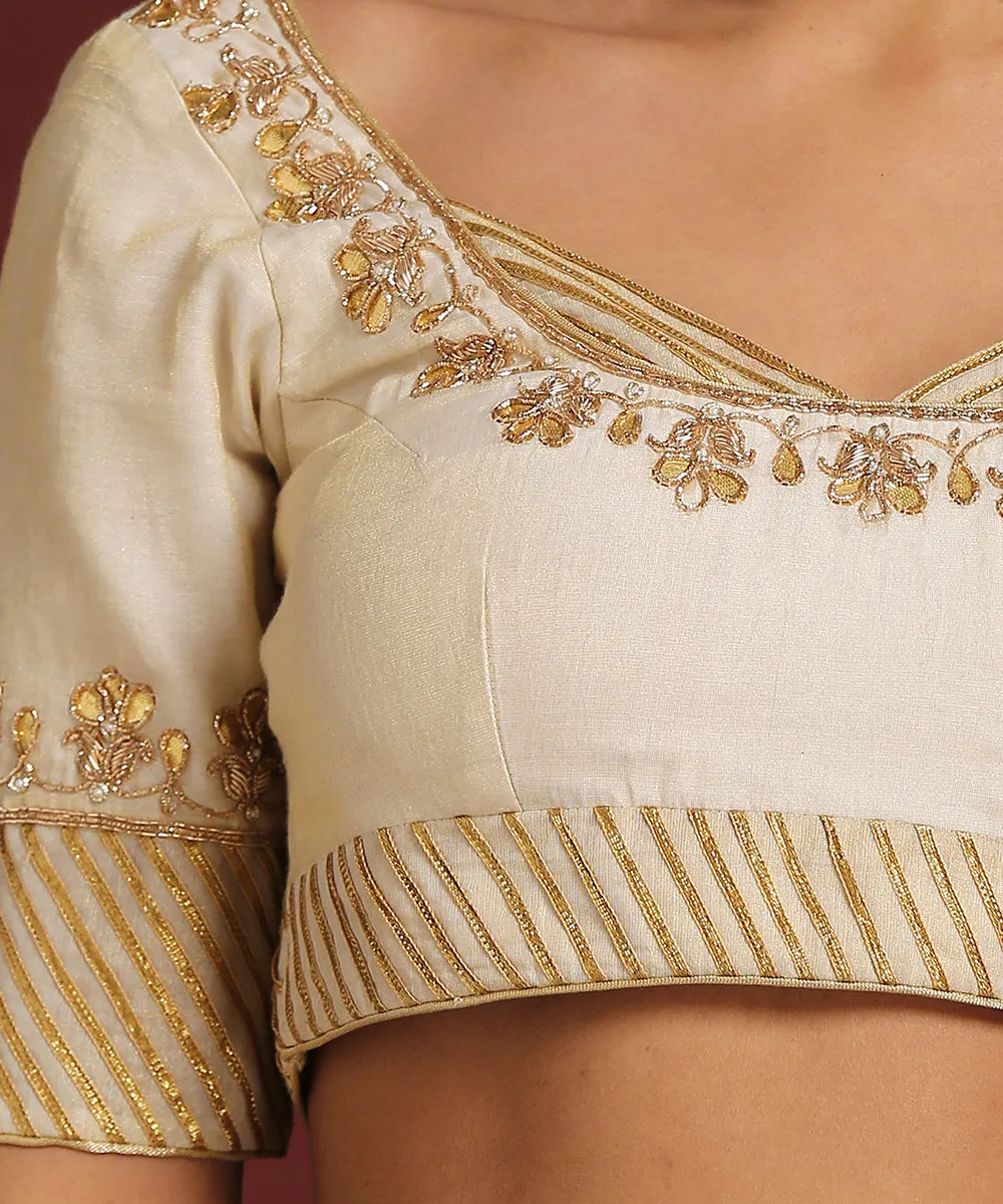 Handcrafted Cream Chanderi Tissue Blouse With Gota Patti And Zardozi Work