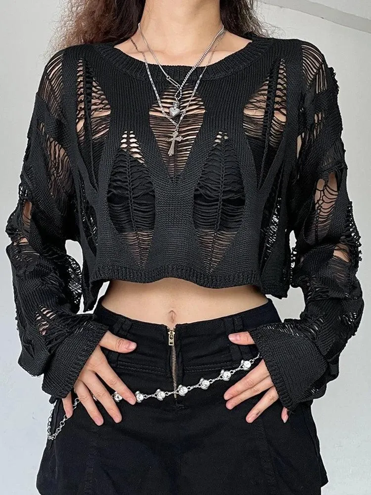 Hollow Out Knitted Blouse Long Sleeve Gothic Top