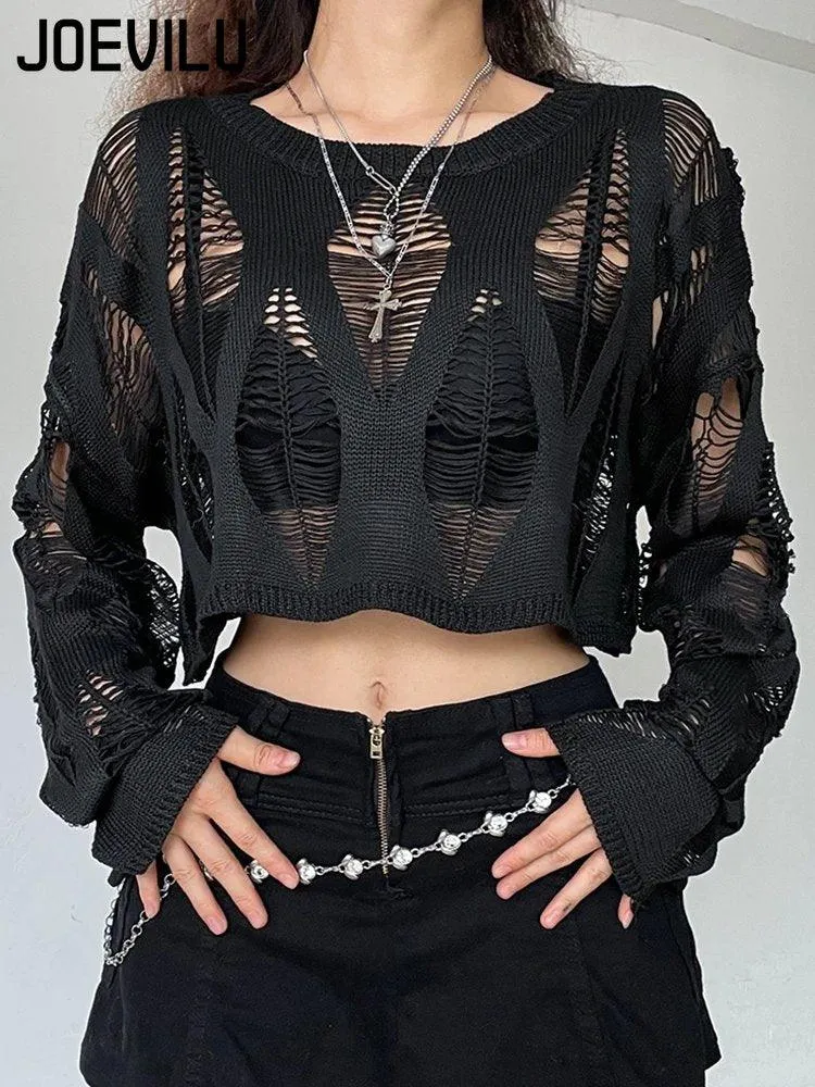 Hollow Out Knitted Blouse Long Sleeve Gothic Top