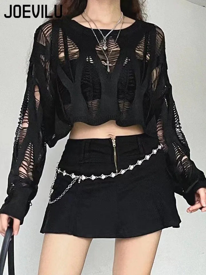 Hollow Out Knitted Blouse Long Sleeve Gothic Top