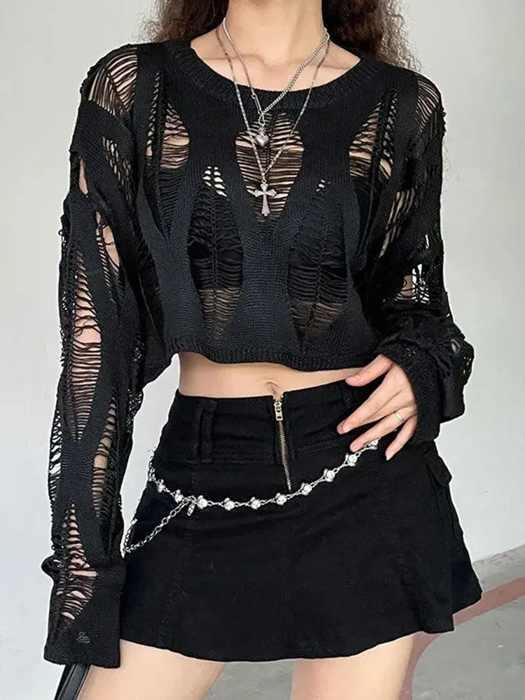 Hollow Out Knitted Blouse Long Sleeve Gothic Top