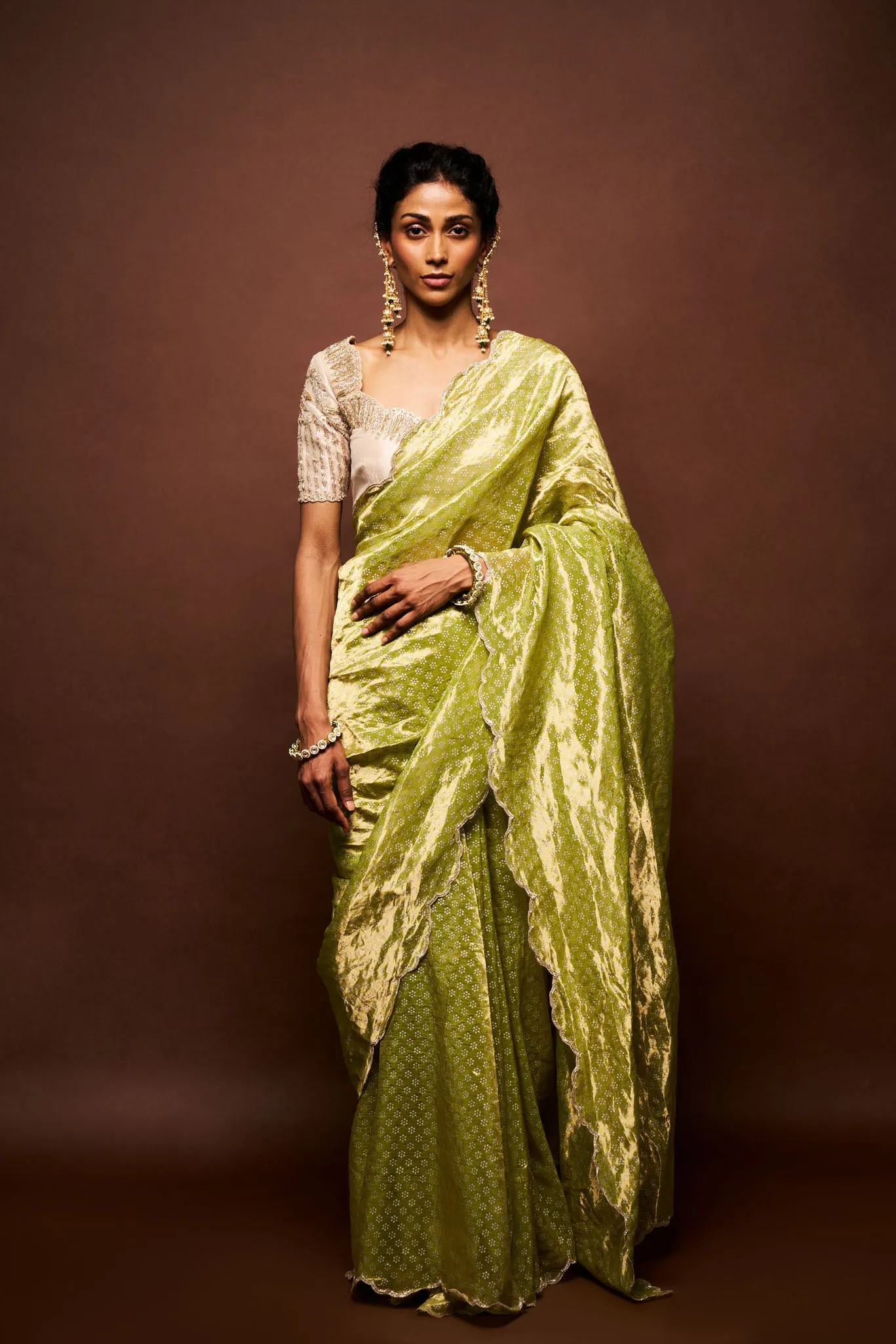 Ishara printed tissue saree with blouse- apple green