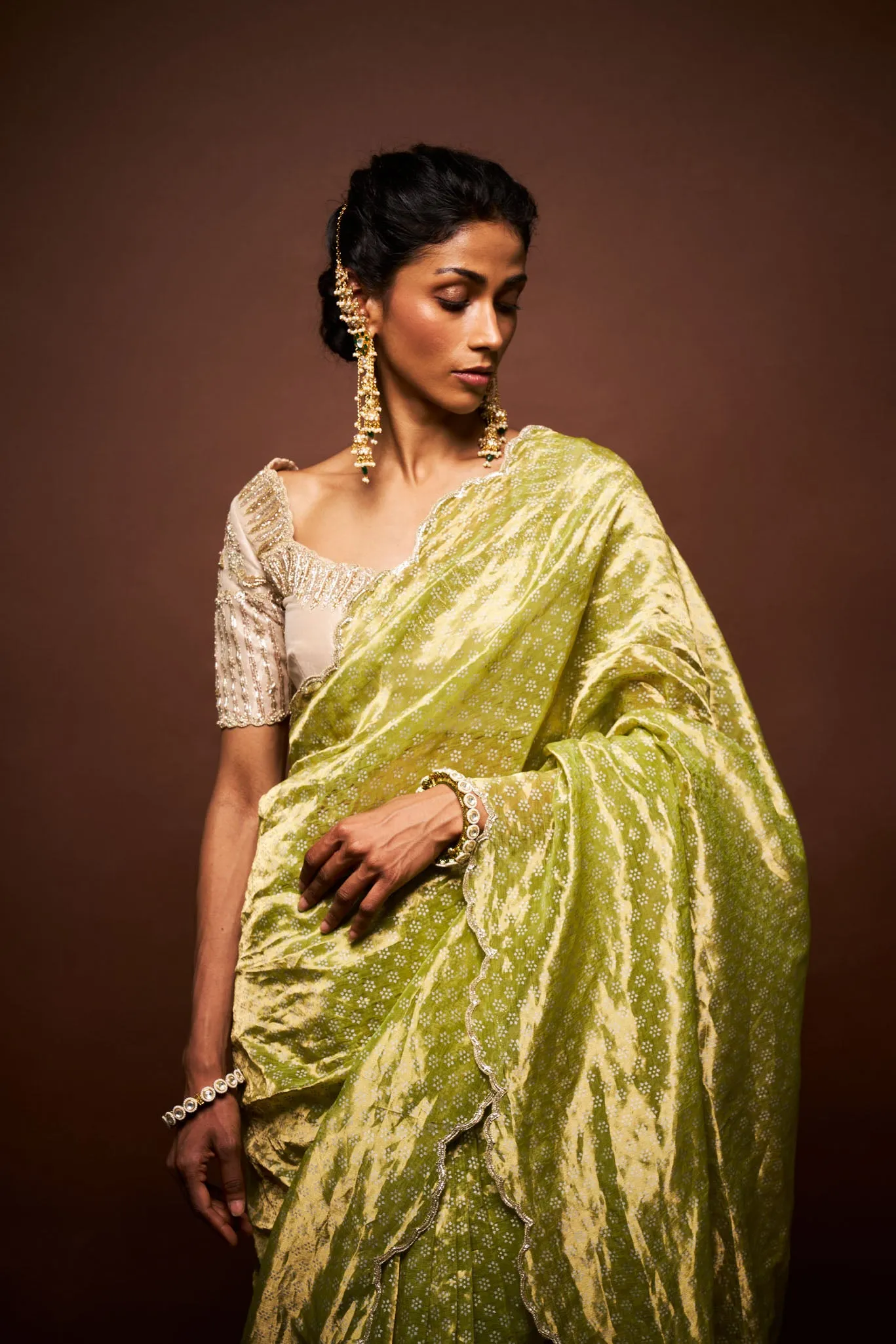 Ishara printed tissue saree with blouse- apple green