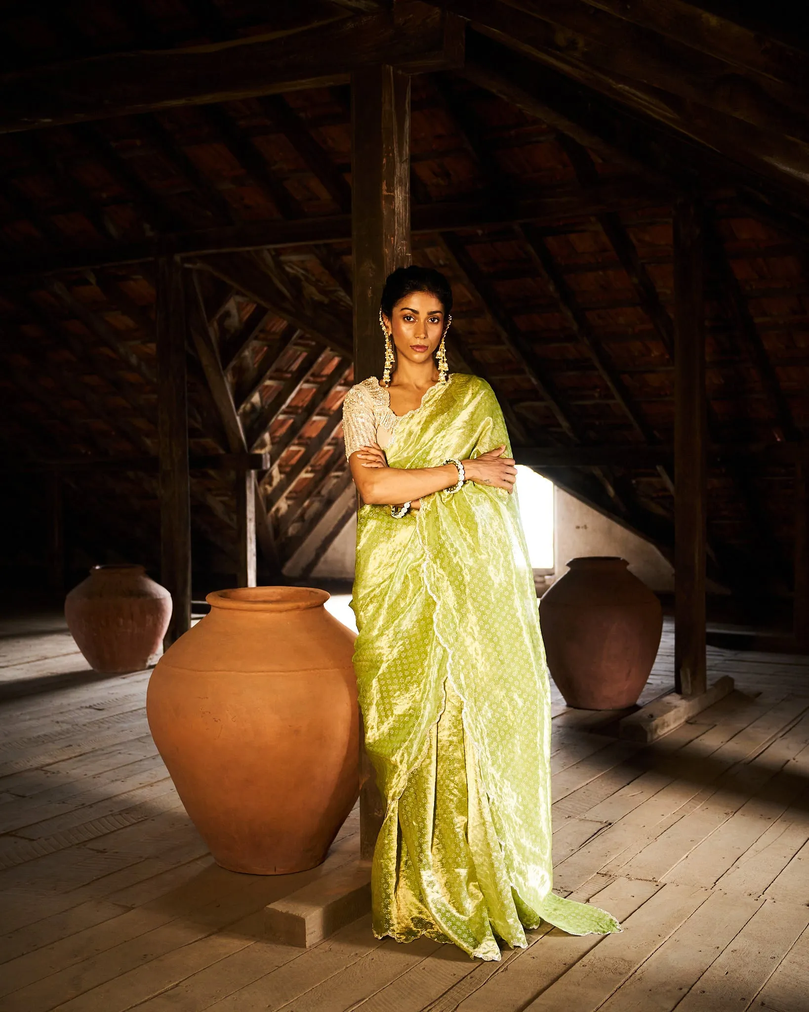 Ishara printed tissue saree with blouse- apple green