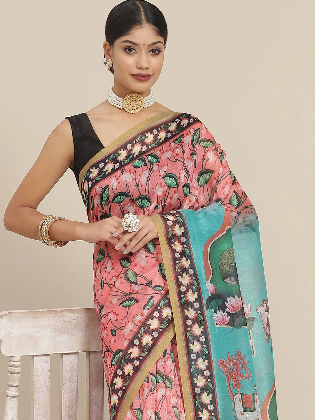 Ishin Women's Cotton Blend Green & Pink Printed Saree With Blouse Piece