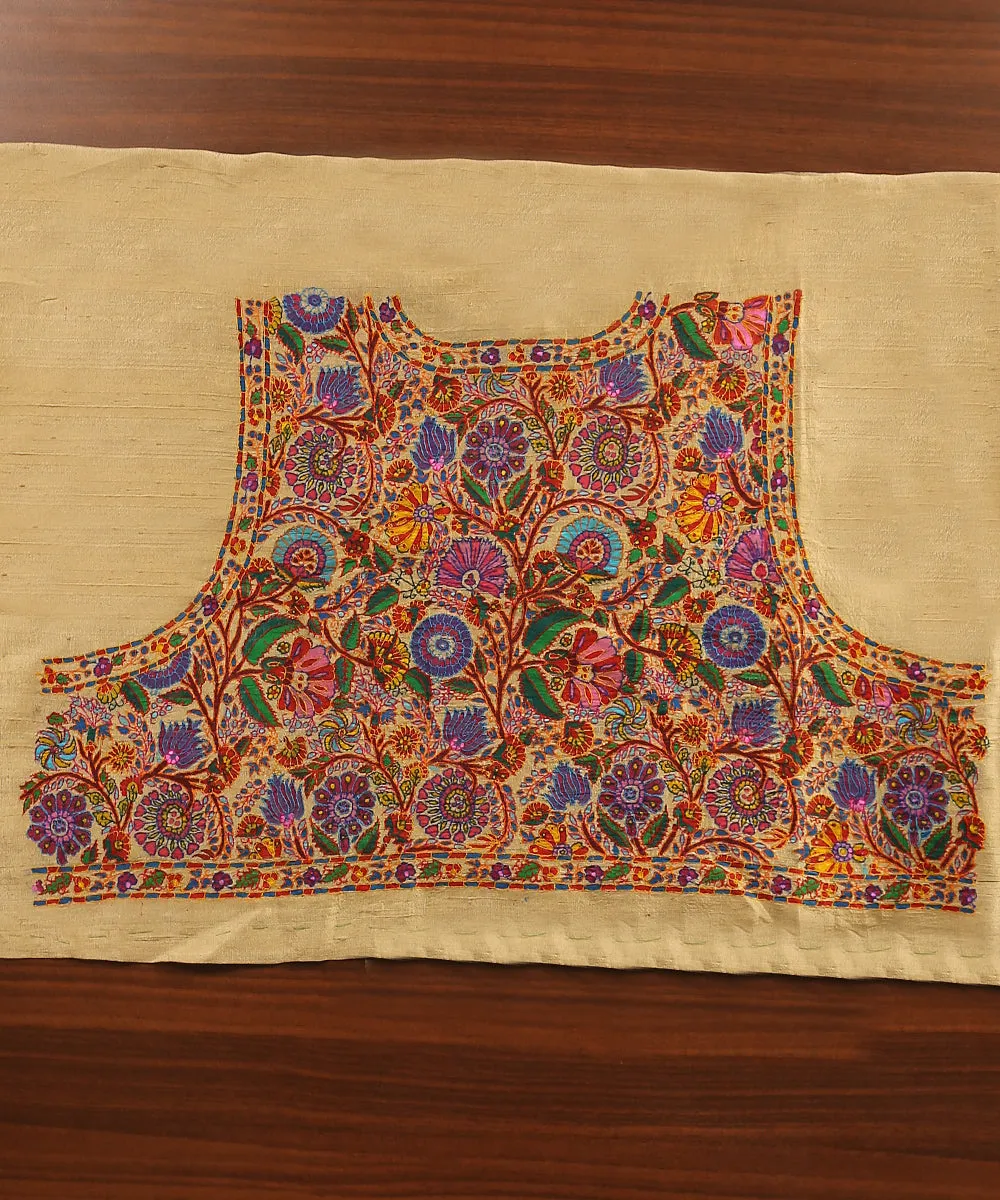 Ivory Raw Silk Hand Embroidered Blouse Fabric With Sozni Kari And Kalamkari