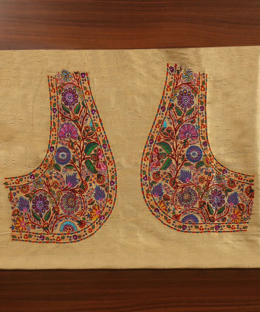 Ivory Raw Silk Hand Embroidered Blouse Fabric With Sozni Kari And Kalamkari