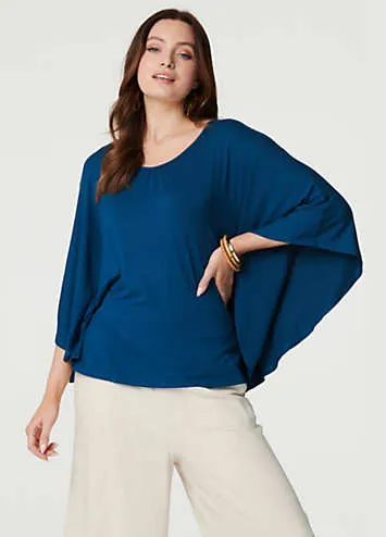 Izabel London Blue Plain Round Neck Three-Quarter Length Sleeve Batwing Top | Grattan