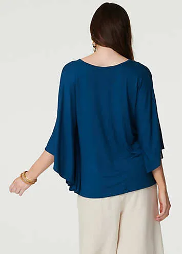 Izabel London Blue Plain Round Neck Three-Quarter Length Sleeve Batwing Top | Grattan