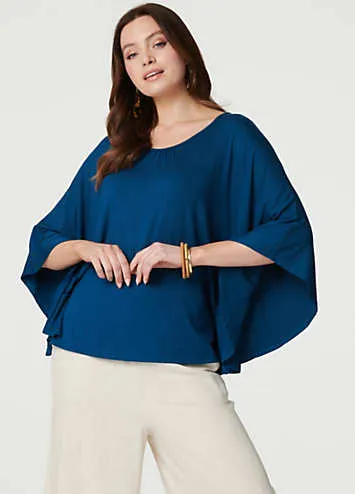 Izabel London Blue Plain Round Neck Three-Quarter Length Sleeve Batwing Top | Grattan