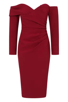 KIARA Sweetheart Neckline Bardot Midi Dress In Burgundy