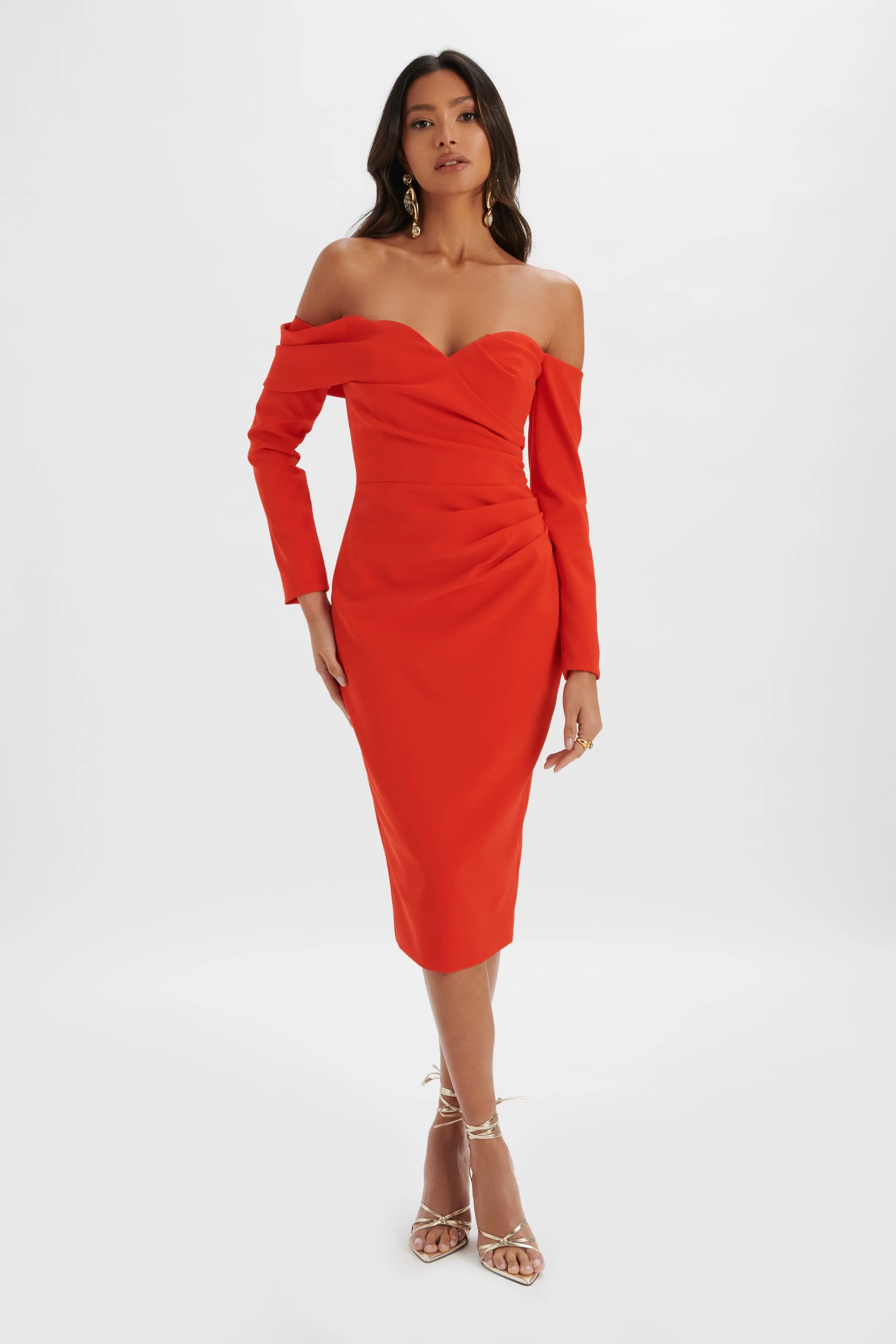 KIARA Sweetheart Neckline Bardot Midi Dress In Red