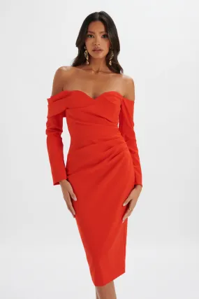 KIARA Sweetheart Neckline Bardot Midi Dress In Red