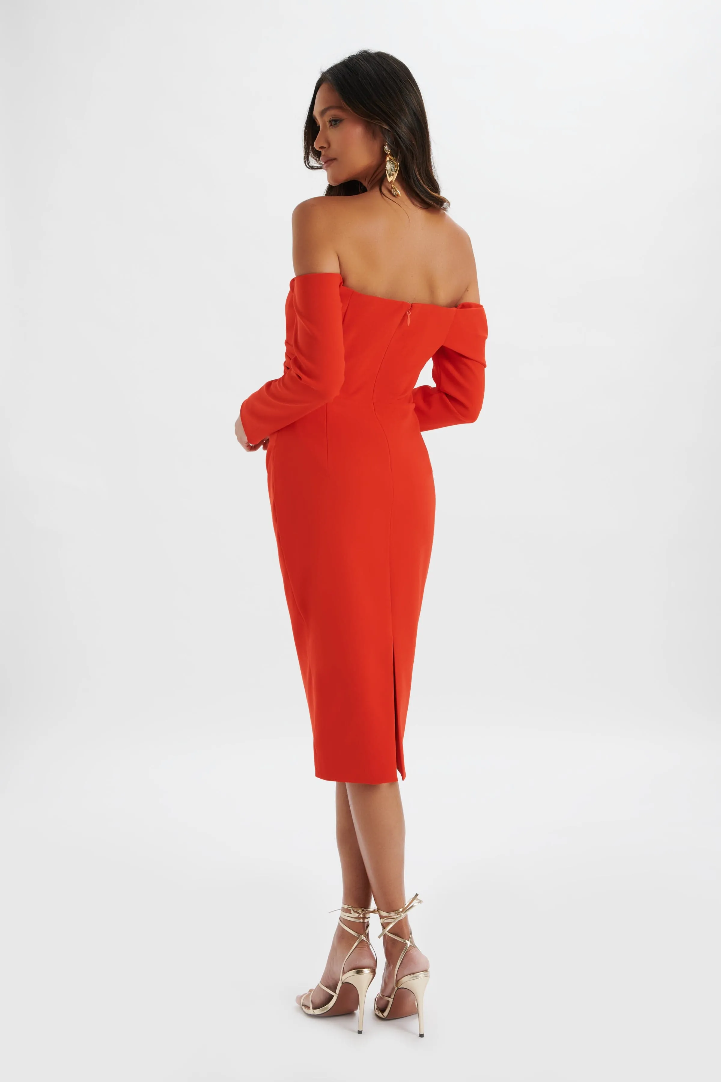 KIARA Sweetheart Neckline Bardot Midi Dress In Red