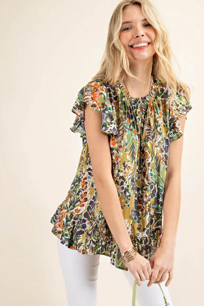 Kori America Full Size Printed Ruffle Hem Cap Sleeve Blouse