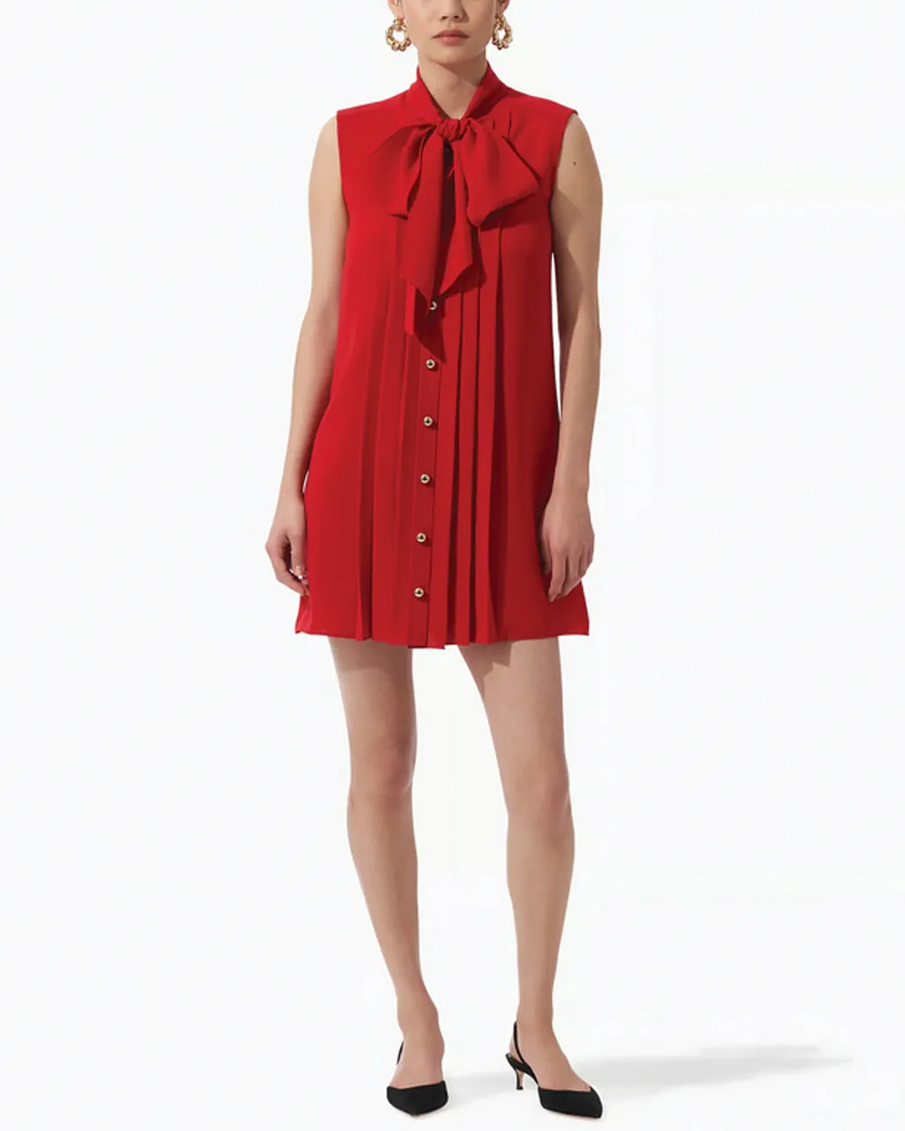 Lacquer Red Pintuck Tie Neck Dress