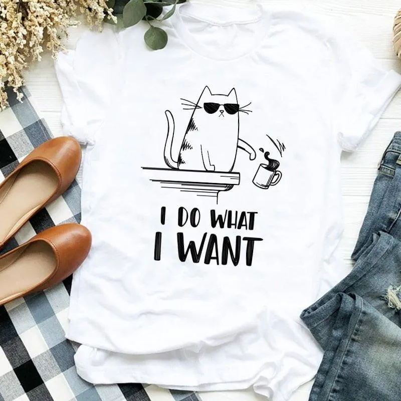 Lady Cat Funny Coffee Short Sleeve Cute Print Casual T Tee Womens Tshirt for Female Shirt Clothes Top Graphic T-shirt