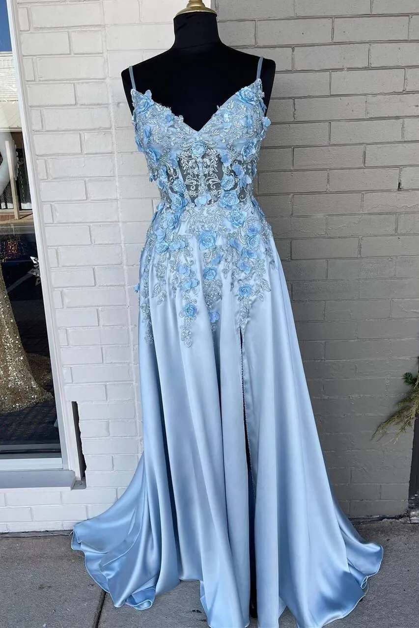 Light Blue A-line 3D Flowers Satin Long Prom Dress