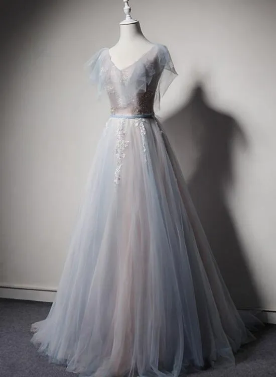 Light Blue and Pink V-neckline Tulle with Lace Evening Dress, A-line Long Prom Dress Party Dress