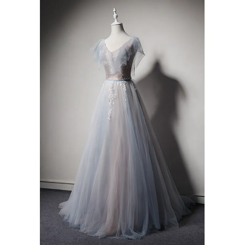 Light Blue and Pink V-neckline Tulle with Lace Evening Dress, A-line Long Prom Dress Party Dress