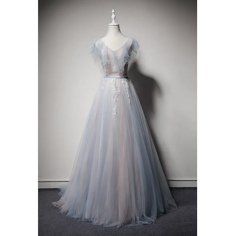 Light Blue and Pink V-neckline Tulle with Lace Evening Dress, A-line Long Prom Dress Party Dress