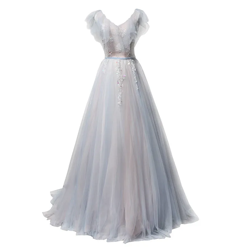 Light Blue and Pink V-neckline Tulle with Lace Evening Dress, A-line Long Prom Dress Party Dress