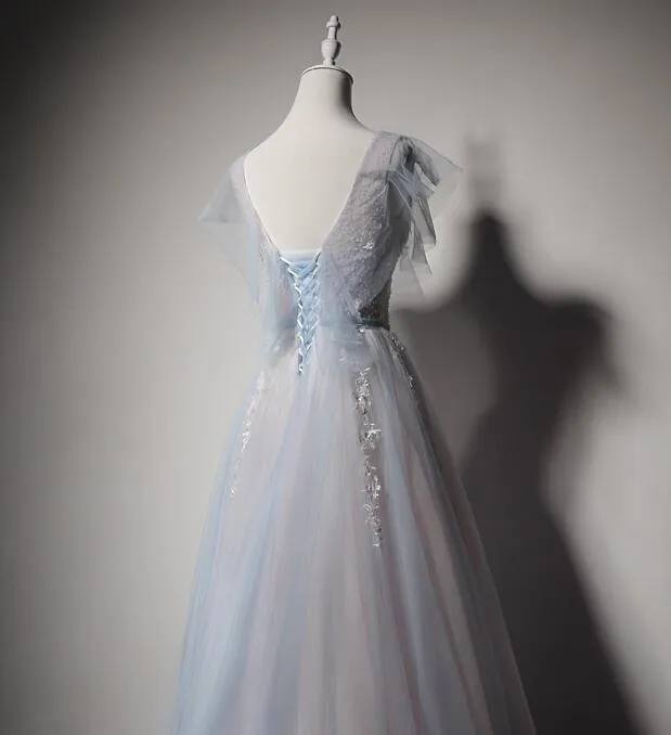 Light Blue and Pink V-neckline Tulle with Lace Evening Dress, A-line Long Prom Dress Party Dress