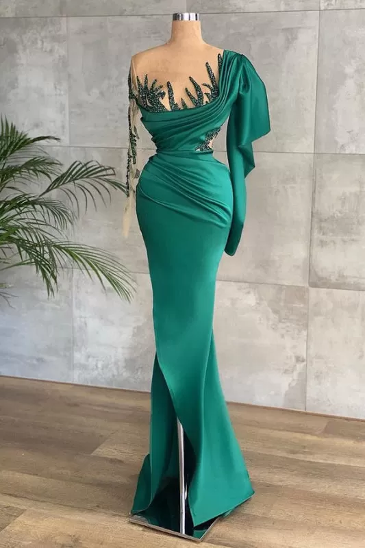 Long-Sleeve Prom Dress with Green Beadwork and Ruffled Details