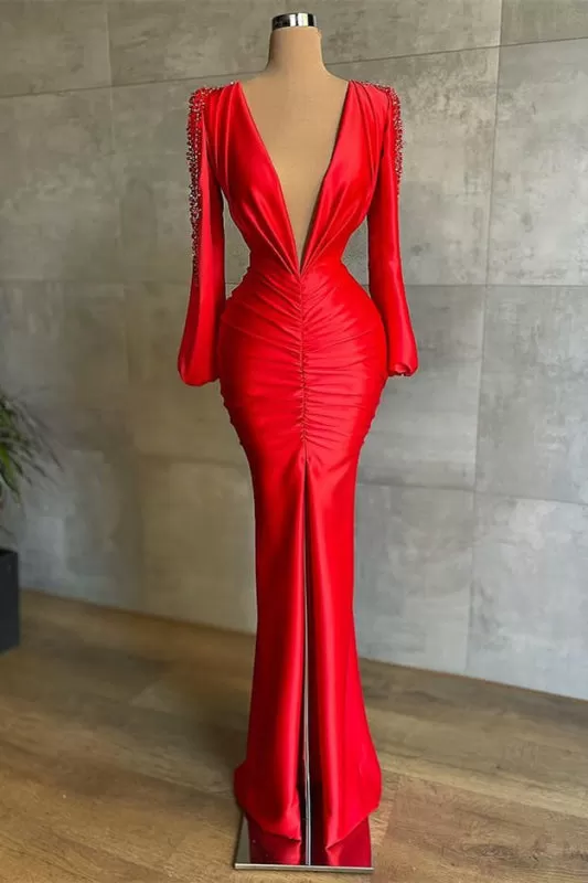 Long Sleeves Red Mermaid Prom Dress Deep V-Neck