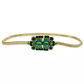 Lucrezia Belt In Thin Slightly Elastic Metal Mesh With Green Jewel Buckle.