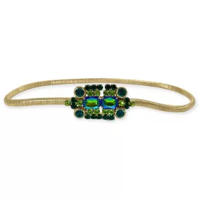 Lucrezia Belt In Thin Slightly Elastic Metal Mesh With Green Jewel Buckle.