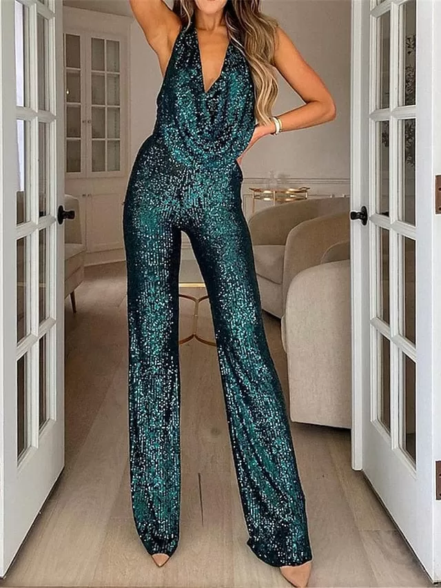 Maillard High Waist Sequin Jumpsuit with Deep V Neckline for Special Occasions