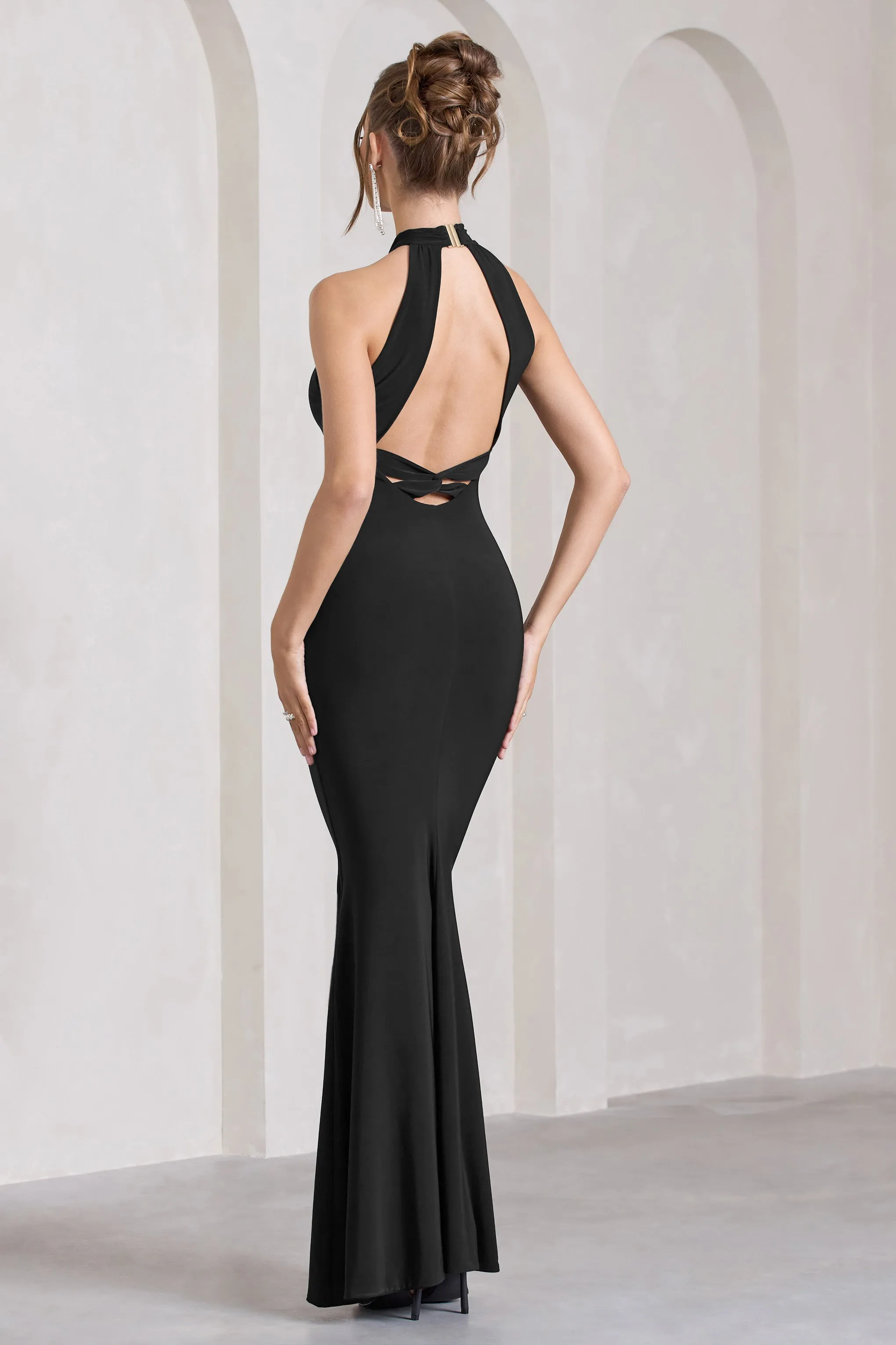 Malika | Black Sleeveless Halter-Neck Maxi Dress