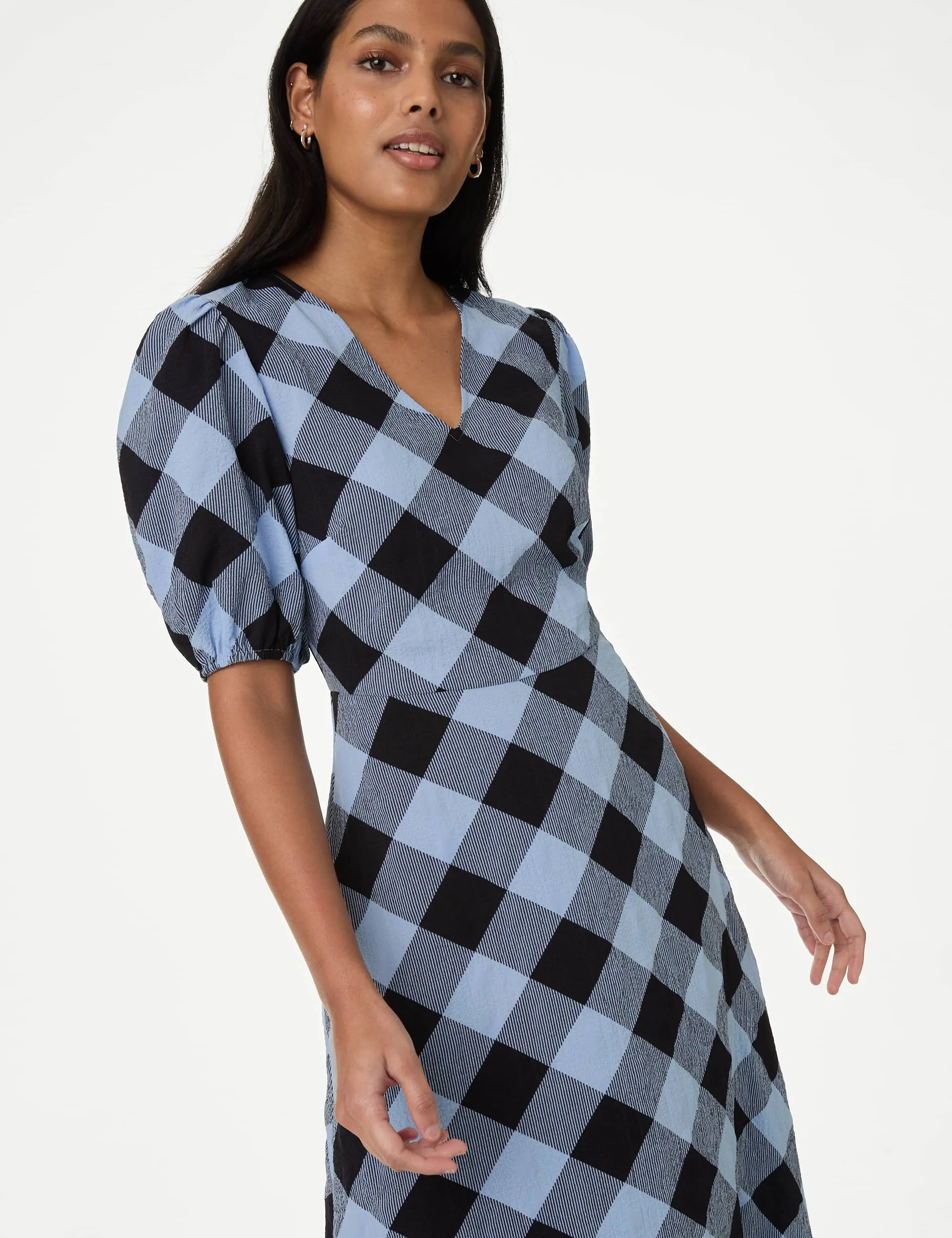 M&S Women's Gingham V Neck Puff Sleeve Tea Dress - 12REG - Blue Mix, Blue Mix