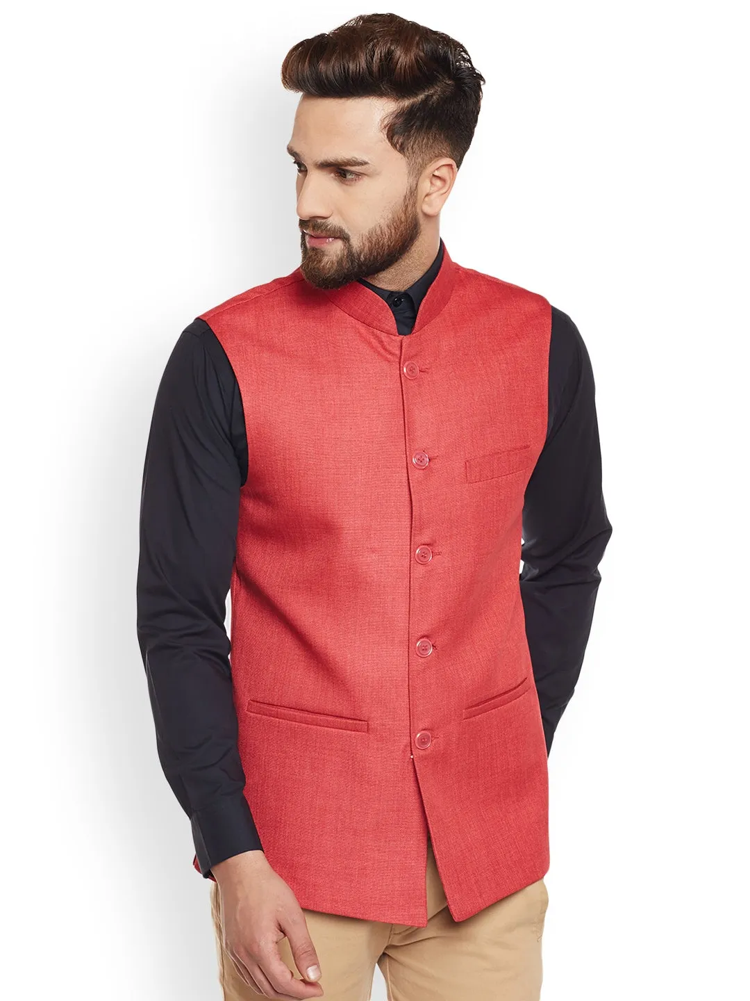 Men Coral Solid Slim Fit Formal Nehru Jacket