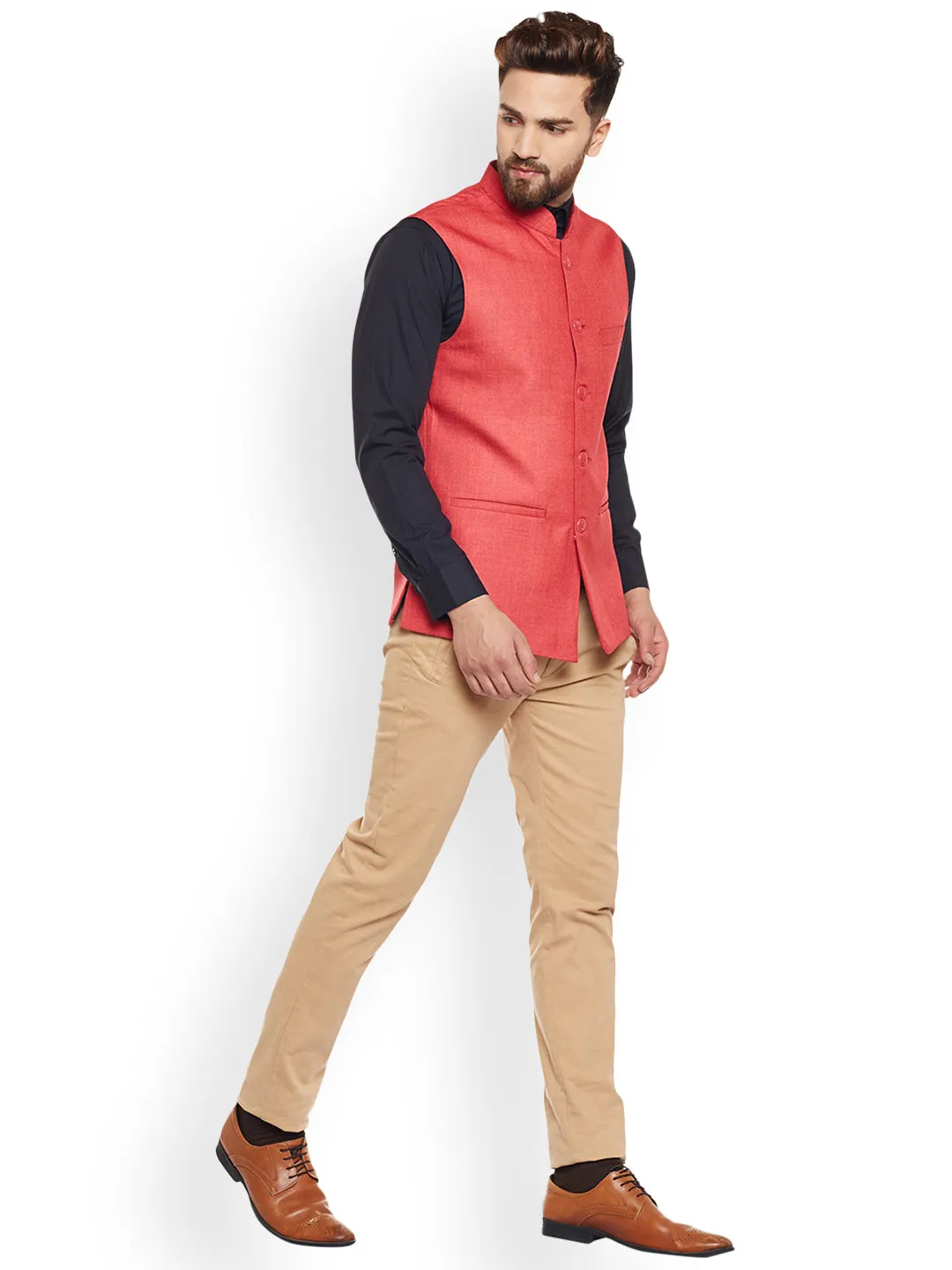 Men Coral Solid Slim Fit Formal Nehru Jacket