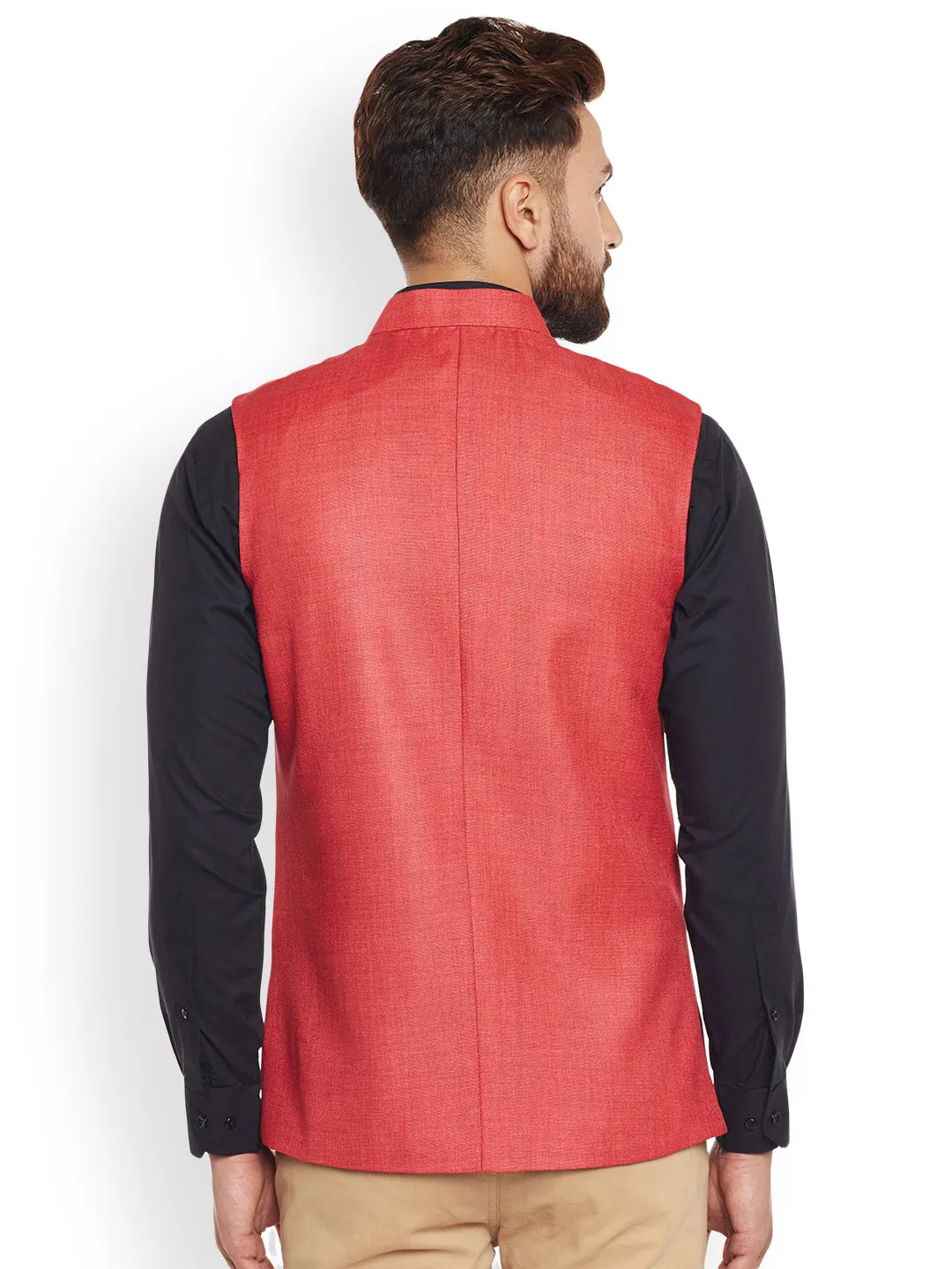 Men Coral Solid Slim Fit Formal Nehru Jacket