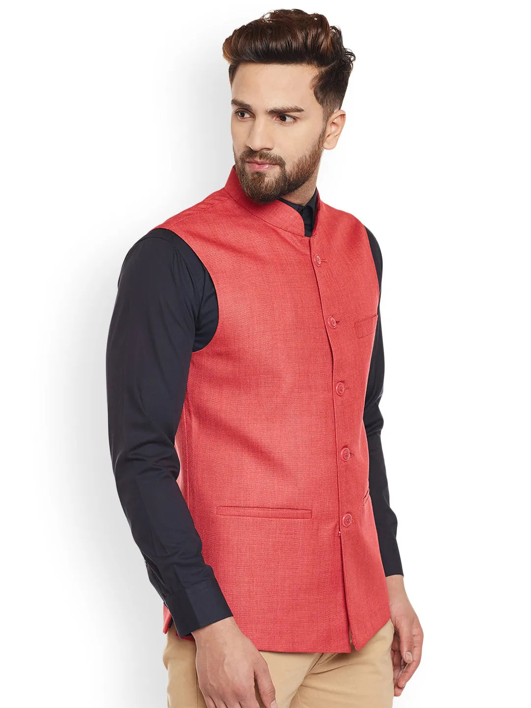 Men Coral Solid Slim Fit Formal Nehru Jacket