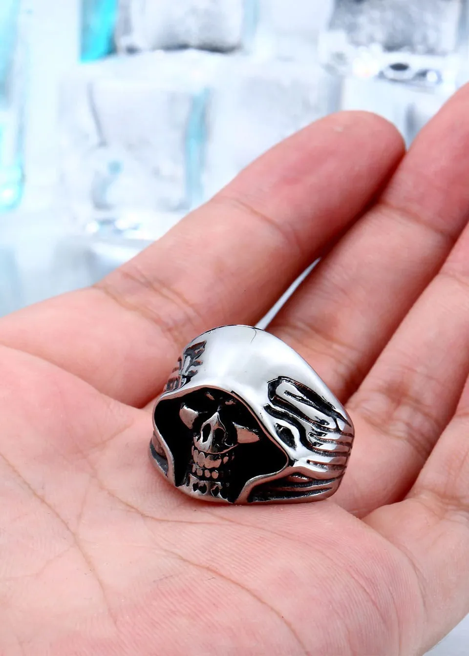 Men's Never Fade High Quality Punk Biker Ring with Cool Hell Death Skull