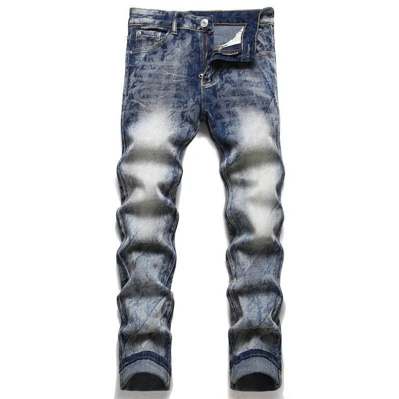 Men's Punk Printed Fashion Small Ground Foot Mid-waist Slim Jeans Trousers