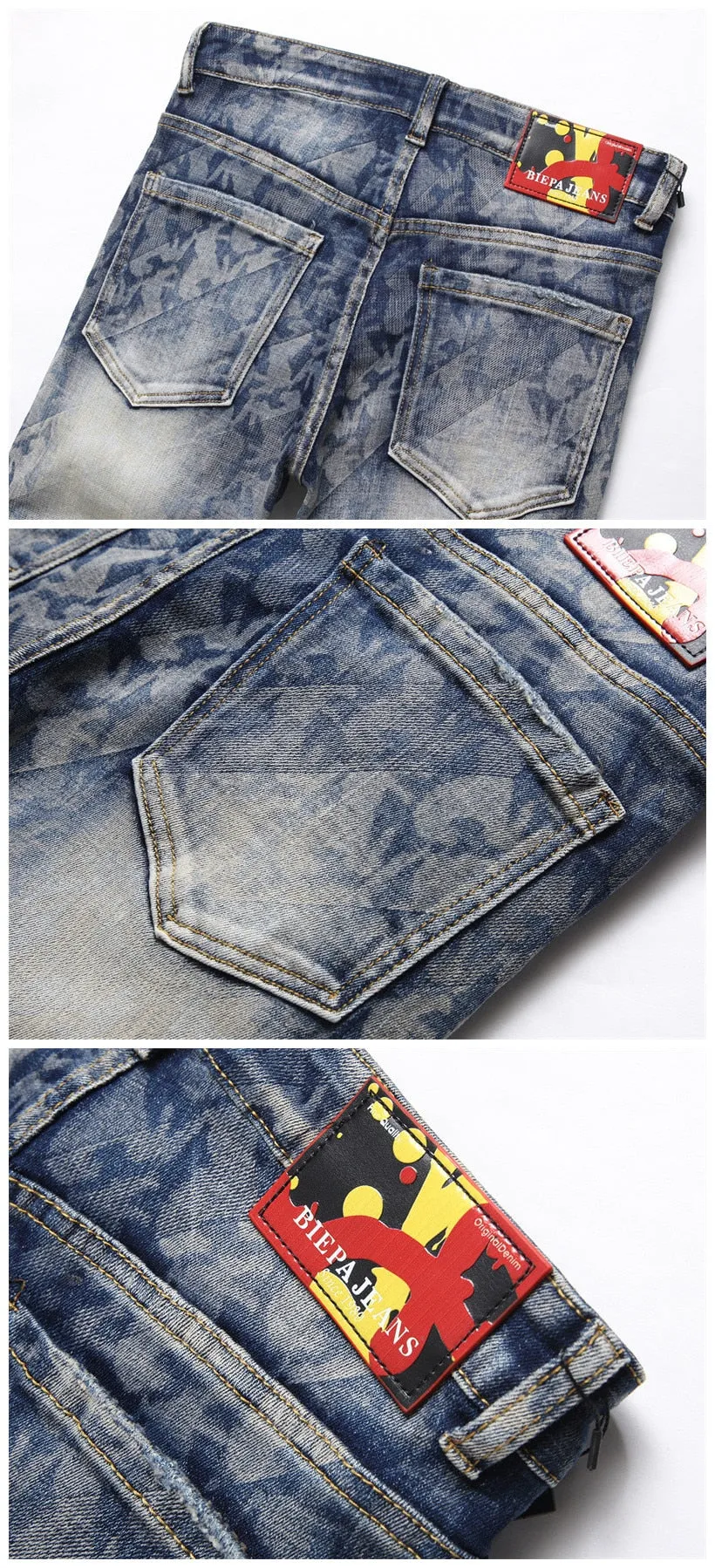 Men's Punk Printed Fashion Small Ground Foot Mid-waist Slim Jeans Trousers