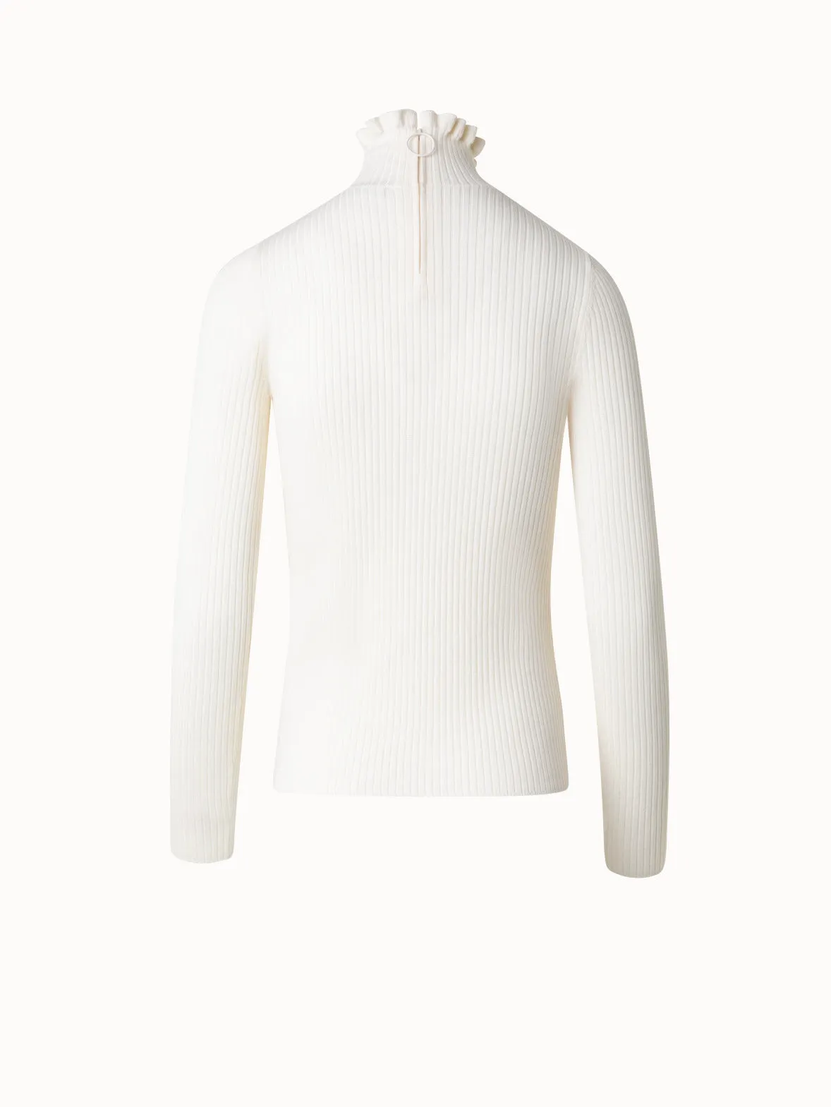 Merino Wool Knit Sweater with Mock Neck and Ruffles