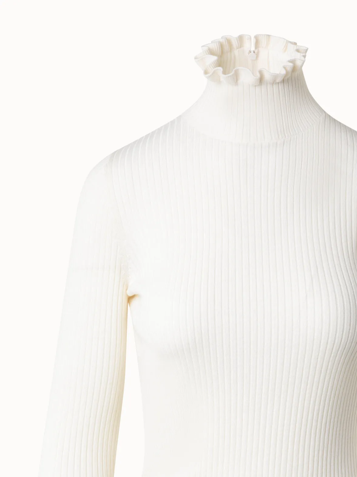 Merino Wool Knit Sweater with Mock Neck and Ruffles